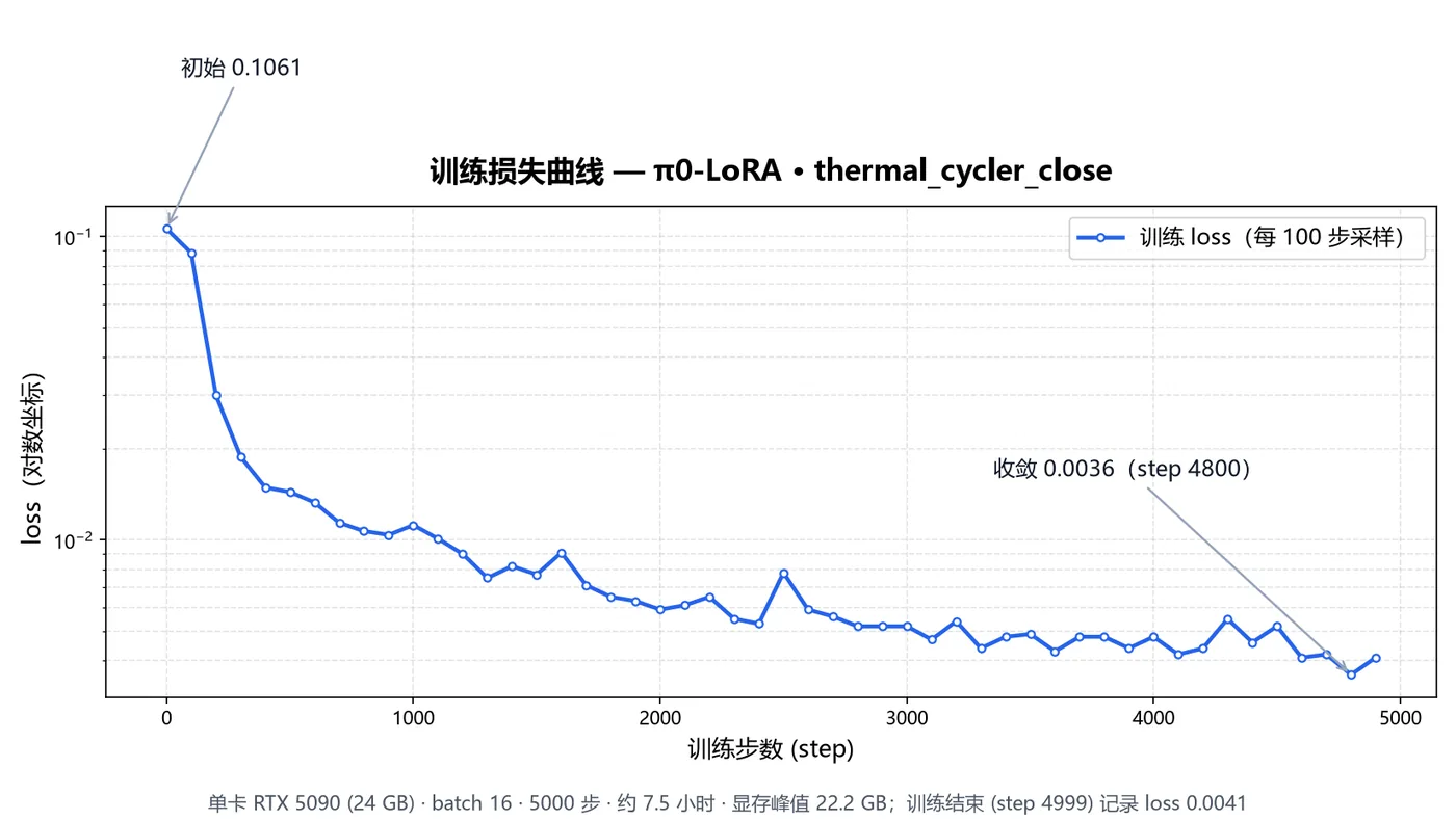 训练损失曲线：从 step 0 的 0.1061 收敛到 step 4999 的 0.0041